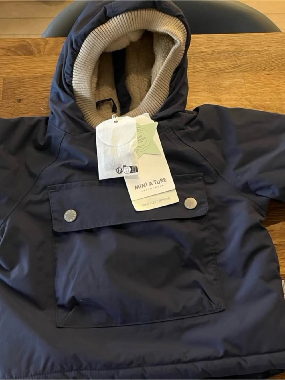 Mini A Ture Navy Hooded Puffer Jacket with Cream Lined Hood